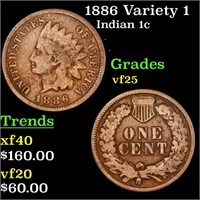 1886 Variety 1 Indian Cent 1c Grades vf+