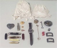 Wrist watch, pocket knives, and vintage trinkets