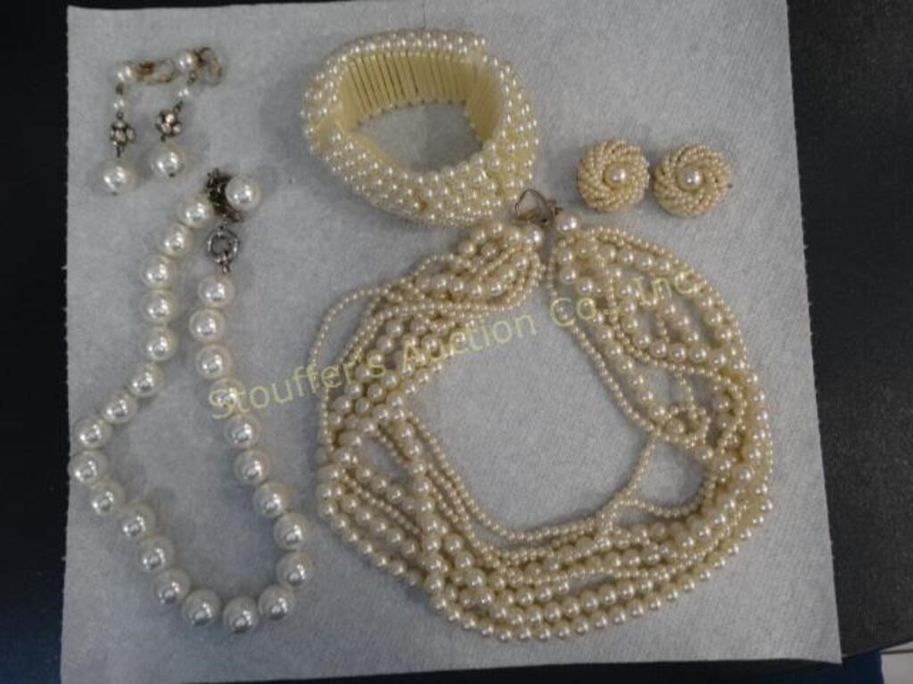 2 Faux Pearl necklaces, choker, 2 pr clip
