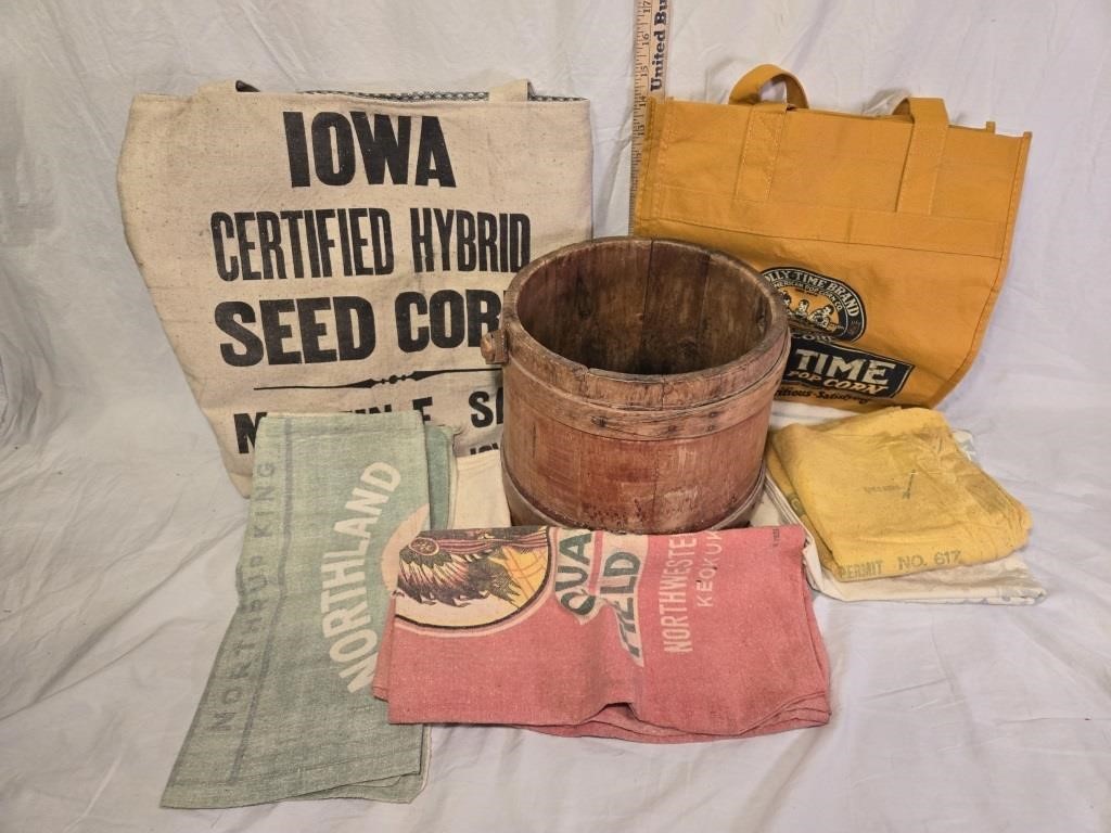 Antique Wooden Bucket & Vintage Bags, Towels