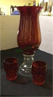 Glass lot, one clear and ruby colored vase