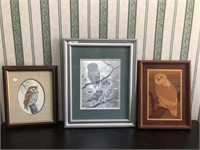 Lot of (3) Pieces Owl Artwork incl Inlaid Wood
