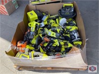 assorted Ryobi and RIDGID tools