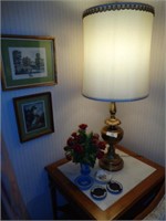 2 Lamps - 1 glass, 1 brass, 2 small framed prints,