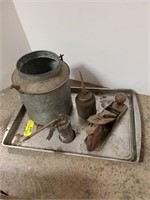 Vintage Planer tool, oiler cans, and bucket