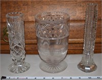 (2) ABP cut glass vases + spooner