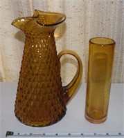 Vintage Amber glass pitcher & cylinder vase