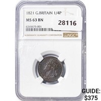 1821 1/4P G.Britain Copper NGC MS63 BN