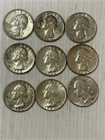 Washington Silver Quarters 9 Assorted 1930's Dates
