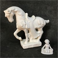 Porcelain Horse Statue w/Small Child Figurine