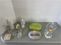 Religious glassware and 2 decorative stones