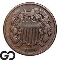 1864 Two Cent Piece, Large Motto, Choice XF