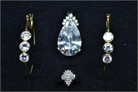 10kt gold lot: diamond cluster ring, hoop earrings