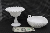 (2) PIECES FENTON WHITE HOBNAIL GLASS