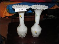 (2) Vintage 11" Hand Painted Milk Glass Vases