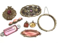 8 Vintage Pink Stone / Gold Toned Brooches & More