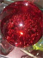 RUBY RED ROUND GLASS PAPERWEIGHT w AIR BUBBLES