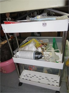 tote of crafting items, rolling cart