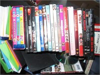 tote and box of vhs tapes & dvds