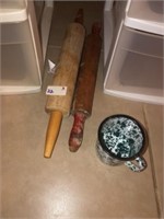 2 Wood Rolling Pins & Granite Ware Cup