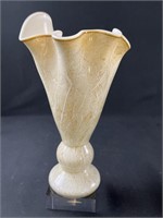 Vintage Glass Art Vase Cream Marbled Ruffled