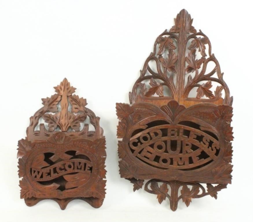 (2) Victorian Black Forest Style Wall Pockets