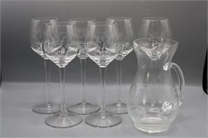 Floral Etched Crystal Wine Glasses & Glass Pitcher