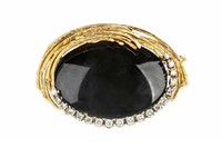 14K YELLOW GOLD, ONYX AND DIAMOND BROOCH, 16.4g