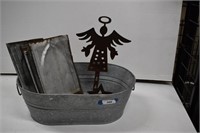 Metal Wash Tub/Planter, 14" Tin Tiles, Hose Angel