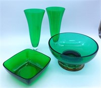 Green Glass Vases and Bowls.