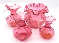 Fenton Cranberry Glass Vases and Pitchers.