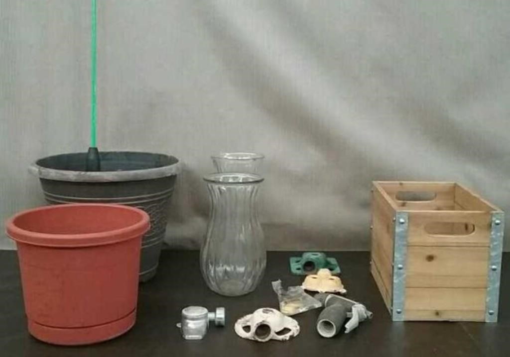 Box Flower Pots, Sprinklers, Wood Box, & Vases