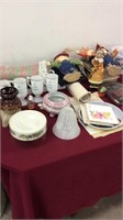 Table lot to include glass lamp shade, camera,