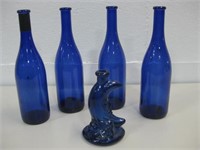 Five Blue Glass Bottles Tallest 12"