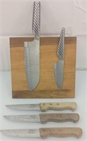 Lot of knives and magnetic wooden knife holder
