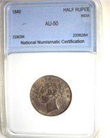 1840 Half Rupee NNC AU50 India