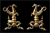 Neoclassical Brass Stylized Seahorse Andirons