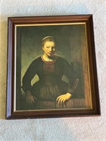 Vintage Framed Rembrandt Young Woman Reproduction