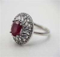 STERLING SILVER, RUBY & CUBIC ZIRCONIA RING