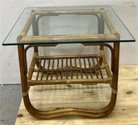 Glass Top Rattan Style Cane Side Table MCM