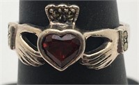 Sterling Silver Red Stone Claddagh Ring