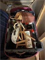 large tote of linens, 2 crates, 2 wreaths