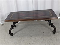 Vtg Leather Top Wooden Coffee Table