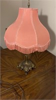 Vintage 29” Brass Lamp w Pink Fringe Works