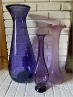Three Tall Colored Glass Vases