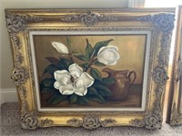 32" x 24" Magnolia Flowers Framed Oil Painting