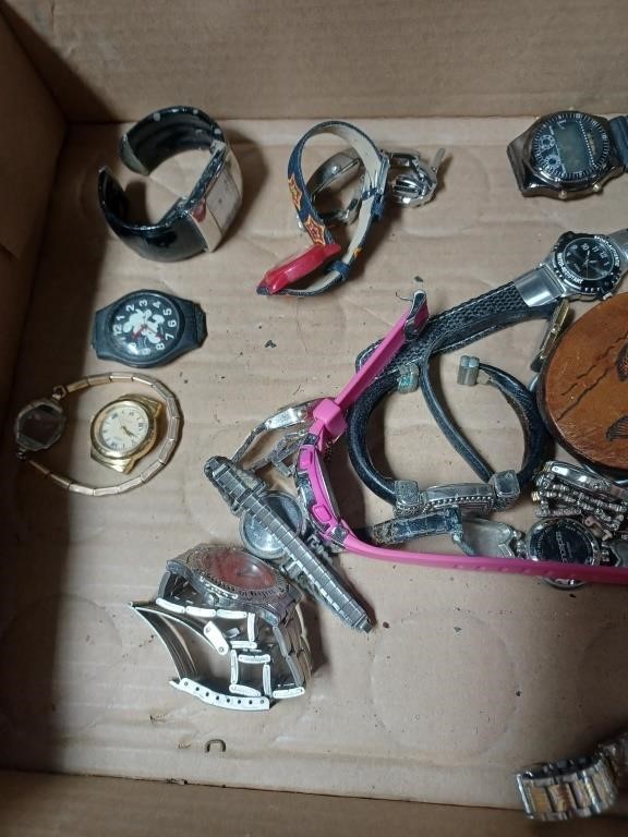 Box Lot of Various Watches and Duck Belt Buckle