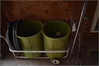 Trash can cart, wire cart and chairs