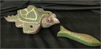 Hand Carved & Painted Turtle & Fish Trinket Box