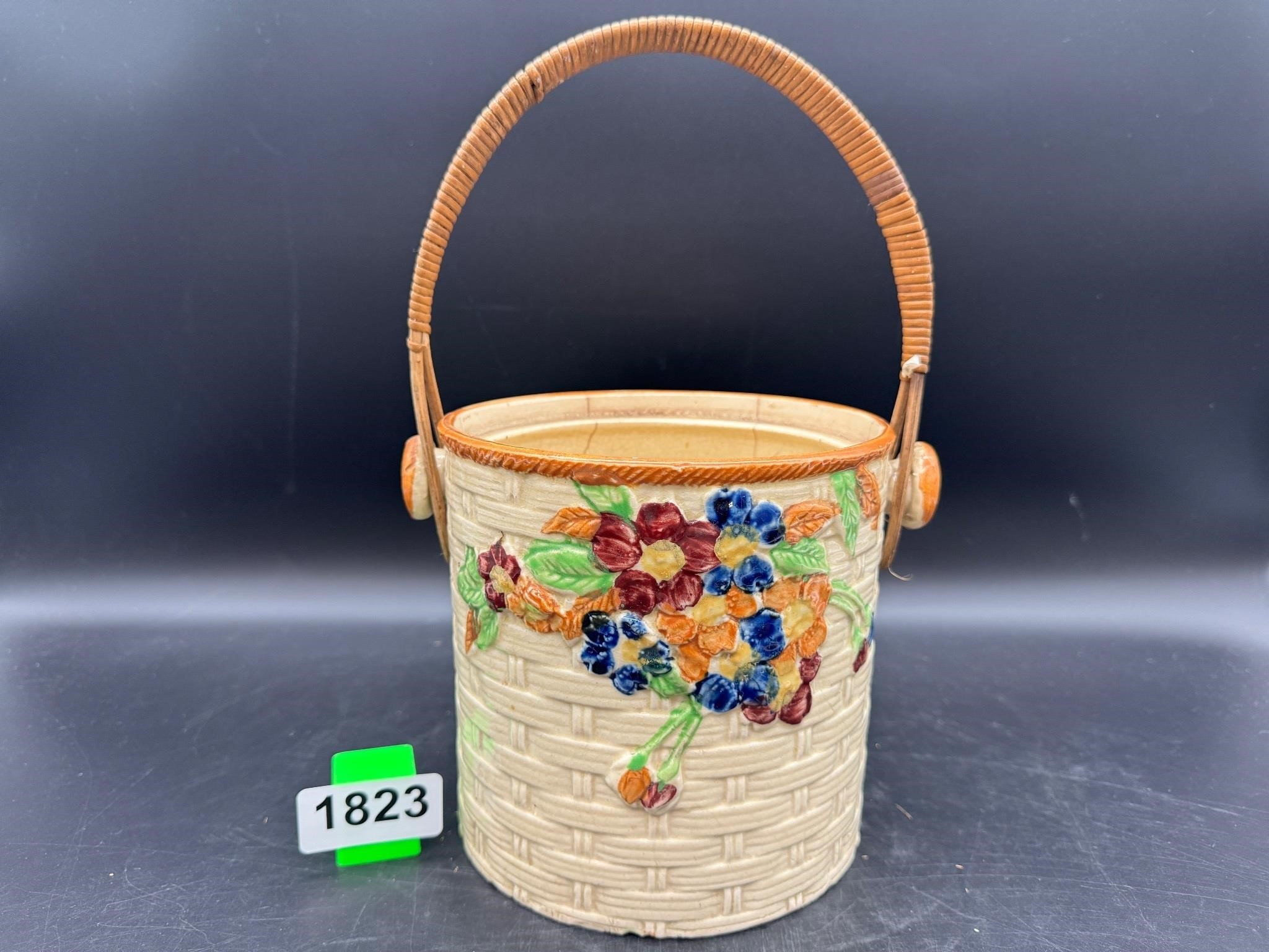 Vintage Basket weave Crock w/wicker handle